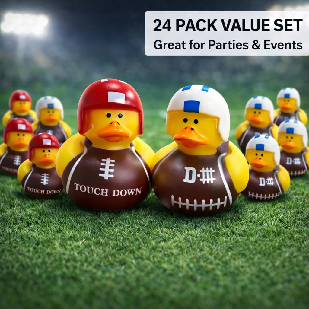 GIFTEXPRESS 24 Pack Football Rubber Duckies, 2 Inch Mini Sports Theme Ducks with Helmets, Assorted Styles, Touchdown Bath Toys for Game Day, Football