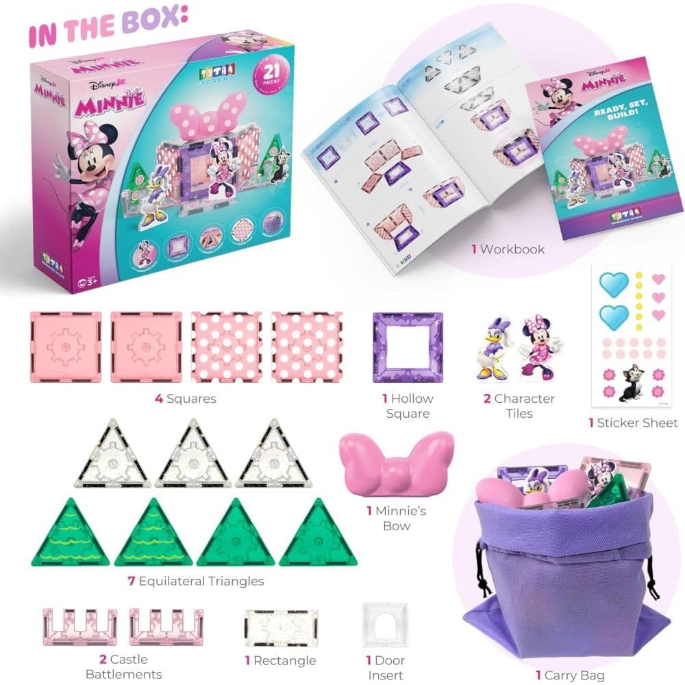 Tytan Official Disney Junior Minnie Mouse Magnetic Character Tile Set - 21-Piece STEAM Building Toy with Reusable Stickers & Instruction Manual