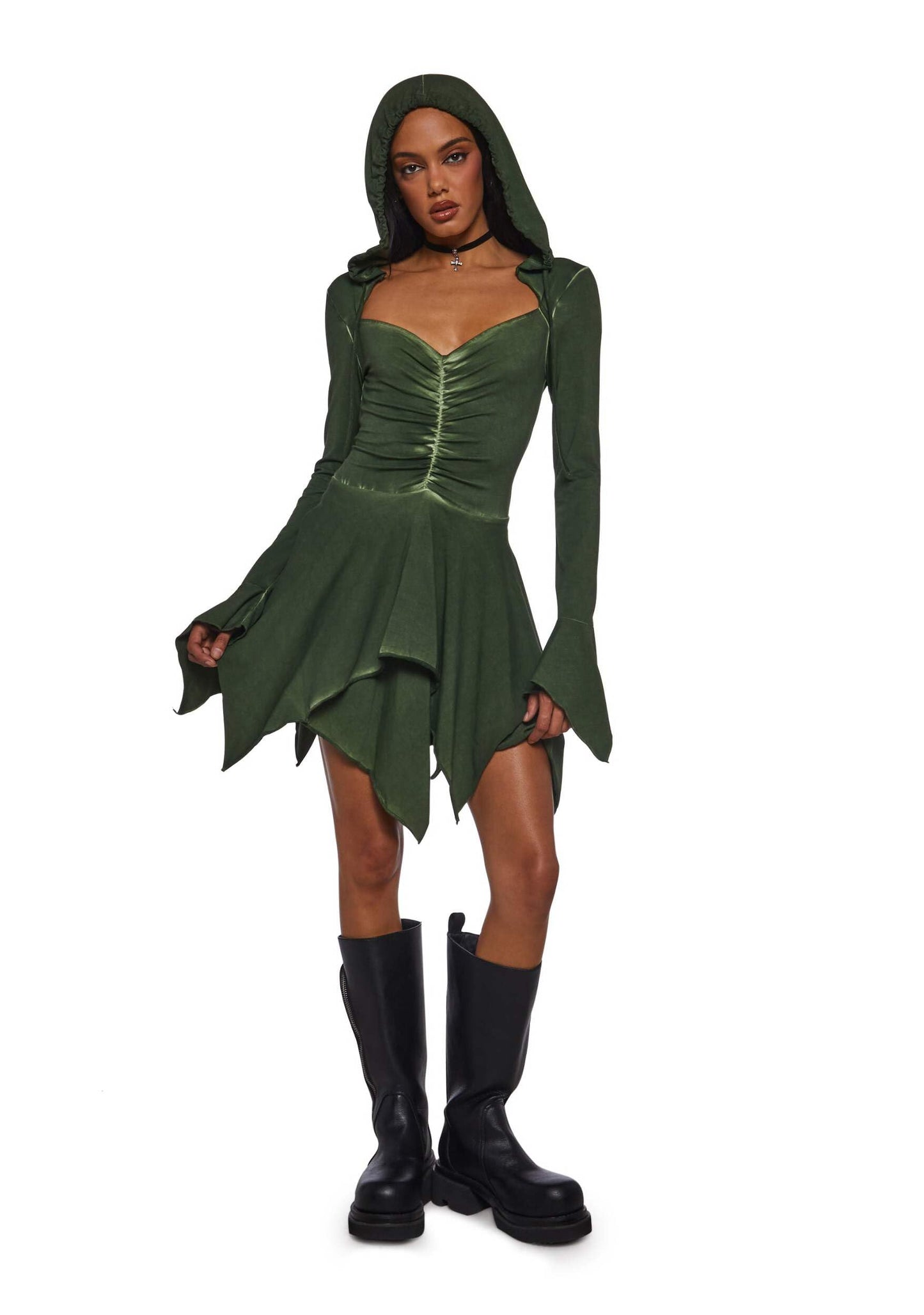 Dolls Kill F is for Fairies Hooded Mini Dress by Current Mood - Fabric Dress with Hoodie for Fairycore Fashion - Green, Large