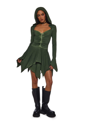 Dolls Kill F is for Fairies Hooded Mini Dress by Current Mood - Fabric Dress with Hoodie for Fairycore Fashion - Green, Large