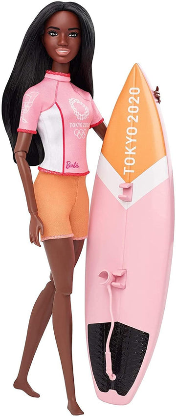 Barbie Olympic Games Tokyo 2020 Surfer Doll with Surf Uniform, Tokyo 2020 Jacket, Medal, Tokyo 2020 Surfboard with Fins for Ages 3 and Up, Multi