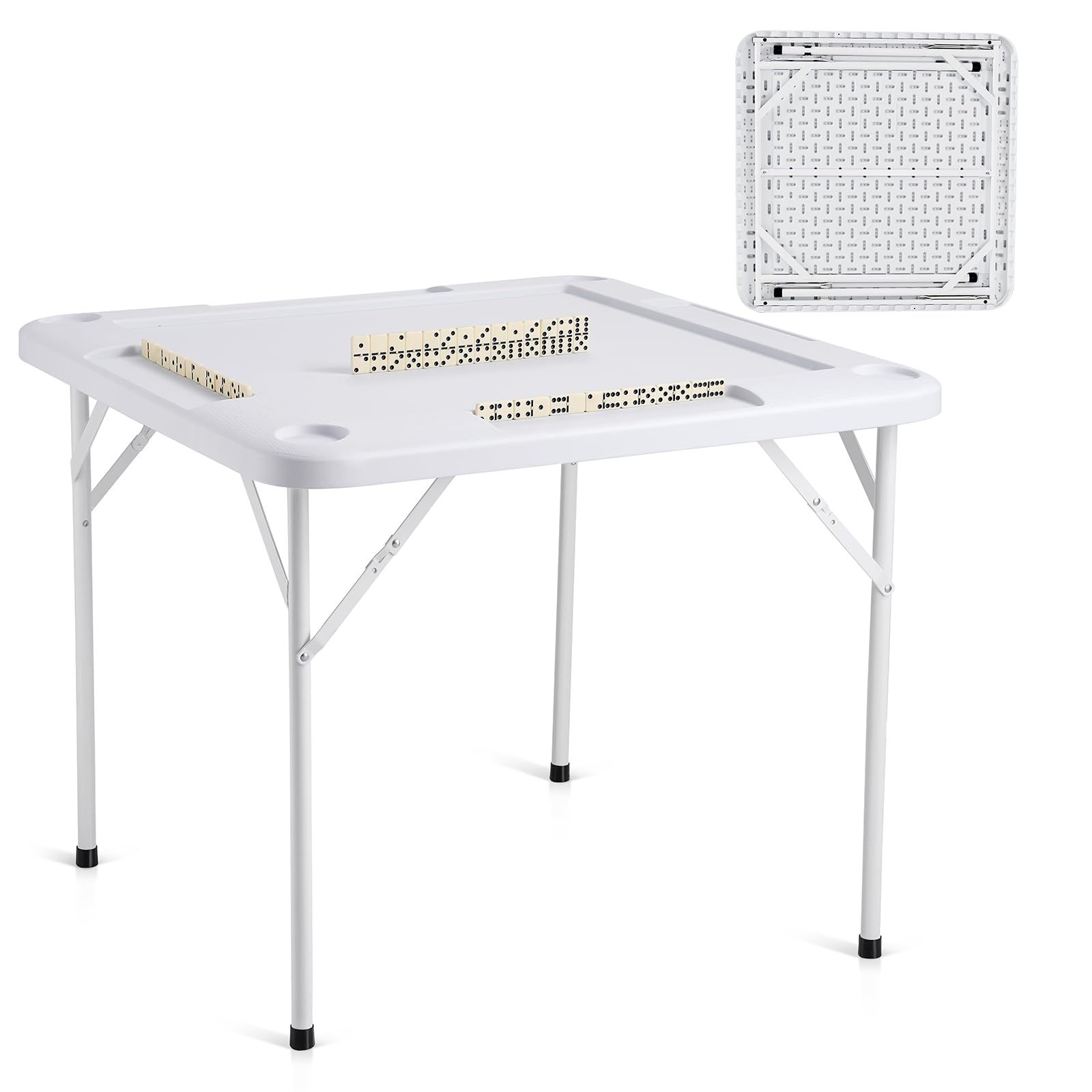 VEVOR Mahjong Table, Square 4 Player Folding Card Table with 4 Cup Holders & 4 Chip Trays, Portable Domino Game Table with 1 Set of Dominoes