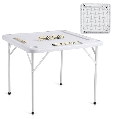 VEVOR Mahjong Table, Square 4 Player Folding Card Table with 4 Cup Holders & 4 Chip Trays, Portable Domino Game Table with 1 Set of Dominoes