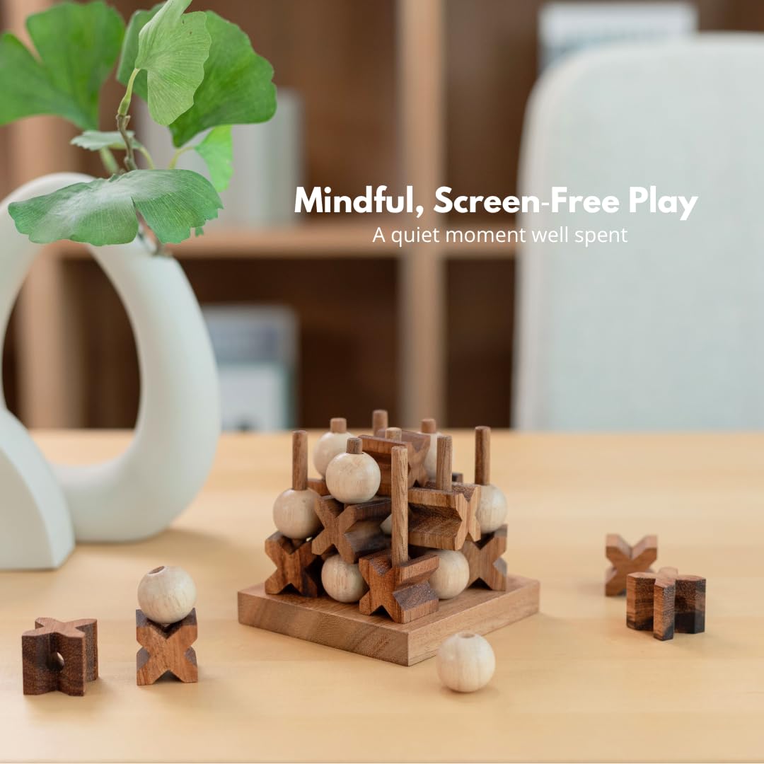 Wooden Tic Tac Toe (XOXO) Game - Handmade 2-Player Strategy Board Game - Travel Size, Rustic Tabletop Decor - Sustainable Wood Gift for Adults