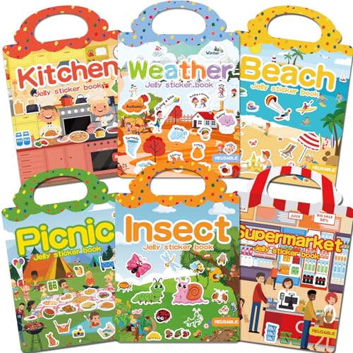 CREATIVETREES 6 Sets Reusable Sticker Book for Toddlers 3-6, Jelly Sticker Books for Toddler, Travel Sticker Activity Toys for Kids 3 4 5 6 Years Old