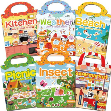 CREATIVETREES 6 Sets Reusable Sticker Book for Toddlers 3-6, Jelly Sticker Books for Toddler, Travel Sticker Activity Toys for Kids 3 4 5 6 Years Old