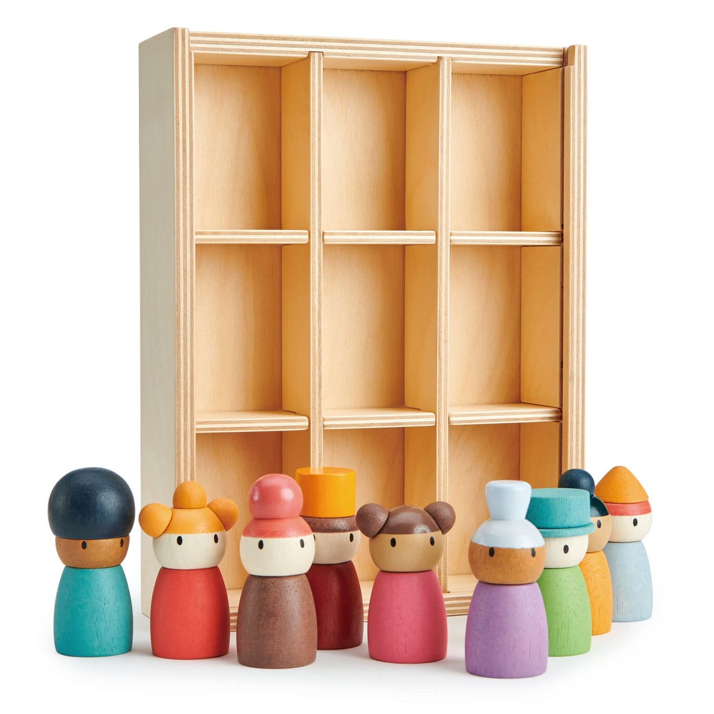Tender Leaf Toys - Happy Folk Hotel - 9 Pcs Wooden Diversity Peg Dolls Open-Ended Toys - Montessori People Figures Play Set - Age 3+