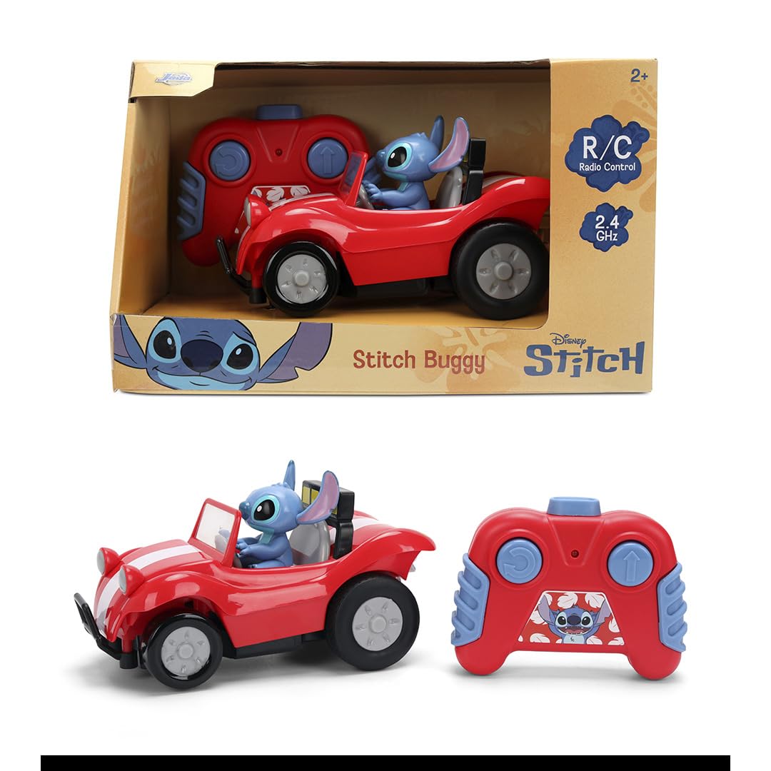 Jada Toys 1:32 RC Disney Stitch Buggy - Simple Function Remote Control Car with Built-in Stitch Figure and 5.5" Body - Kid-Friendly RC Vehicle