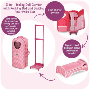 Badger Basket 3-in-1 Trolley Doll Carrier with Rocking Bed and Bedding - Adorable Pink Polka Dot Design for 18-Inch Dolls
