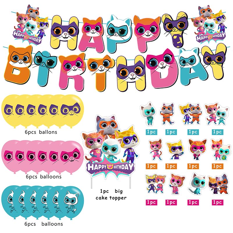 Super Cats Birthday Decorations, Super Cats Party Supplies Include Happy Birthday Banner, Cake Topper and Cupcake Toppers, Balloons for Kids Party