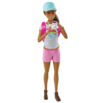 Barbie Self-Care Doll, Brunette Posable Hiking Doll with Puppy & Accessories Including Backpack Pet Carrier & Camera