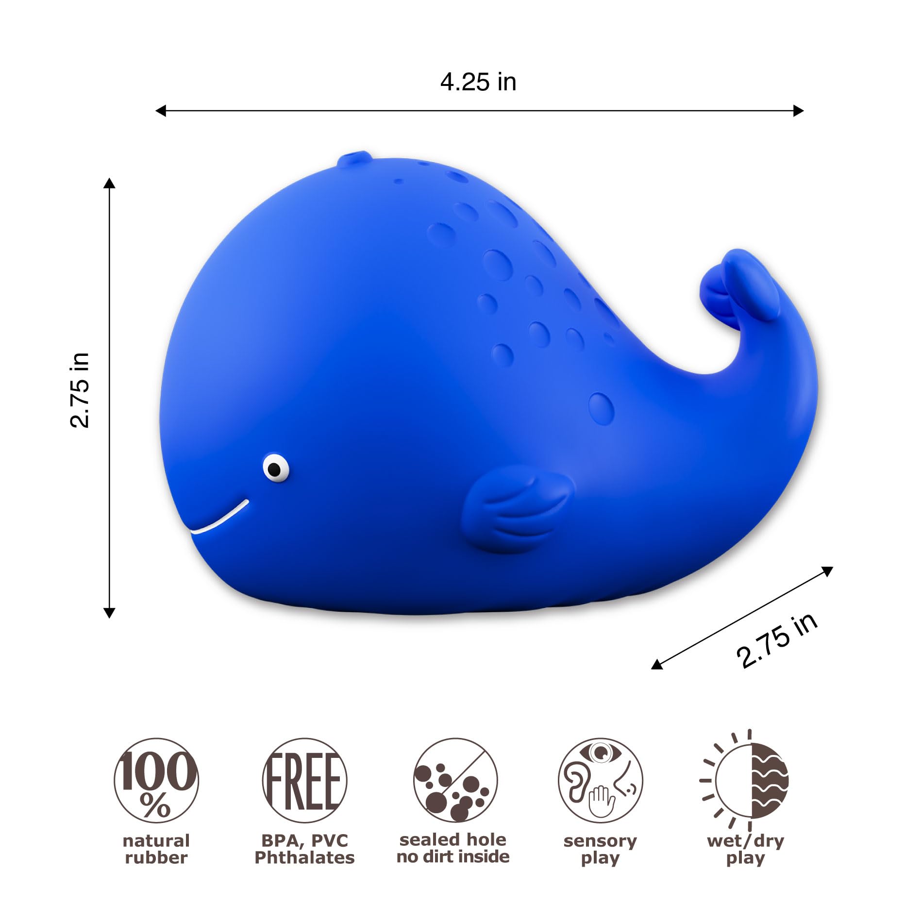 caaocho Pure Natural Rubber Bath Toy - Kala the Whale Baby Toy - Hole Free, BPA Free Bath Toys for Infants, Without Holes Sealed Natural Rubber