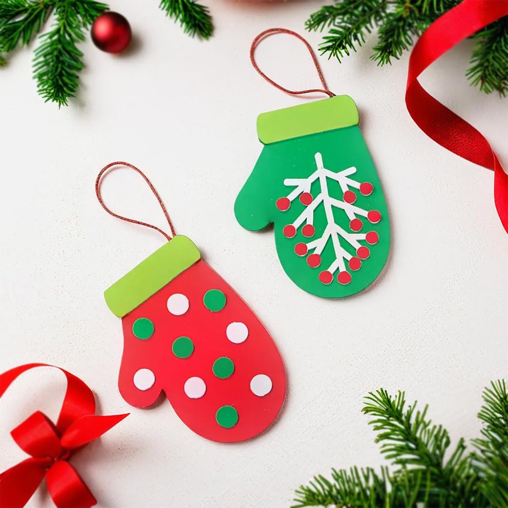 Fun Express 4 1/4" x 6" Mitten Christmas Ornament Red & Green Craft Kit - Makes 12