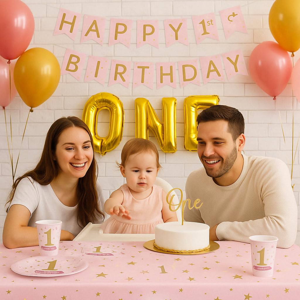 Oojami 1st Birthday Party Supplies for Girls - Serves 30, Plates, Cups, Napkins, Table Cover, Balloons, Banner, One Letter Balloon - First Birthday
