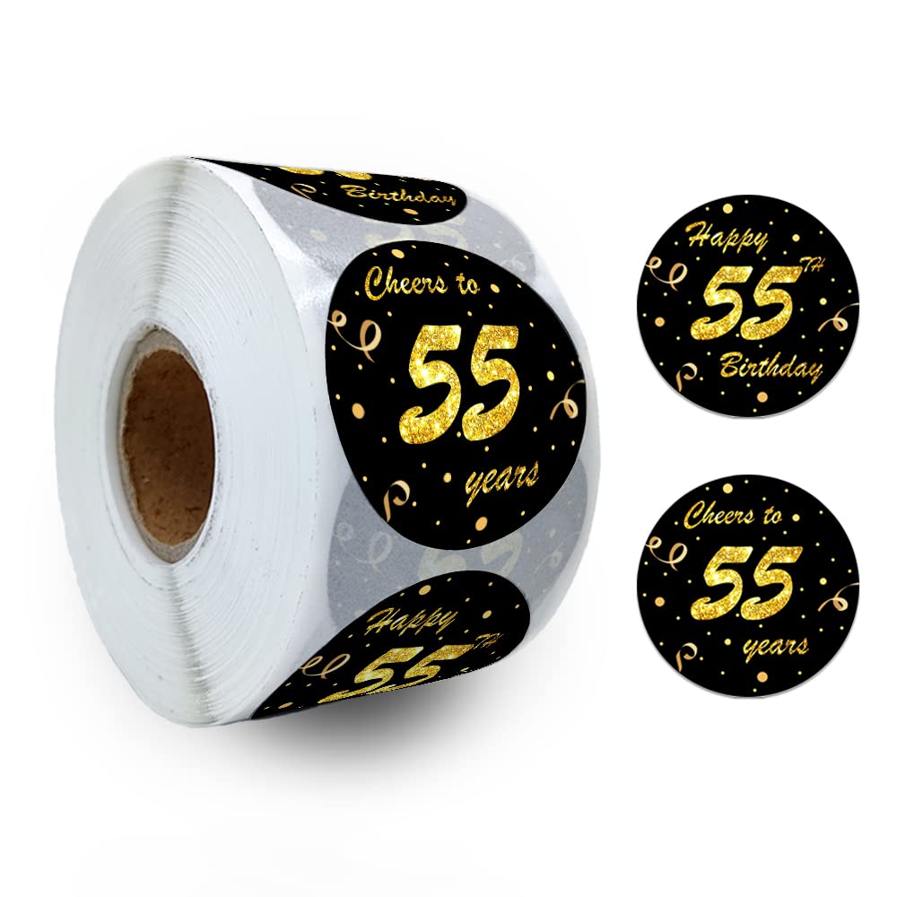 REWIDPARTY Black Gold 55th Birthday Stickers (500 Per Roll, 1.5' Diameter, Waterproof, Adhesive, Round, Custom Style, Paper Material, Perfect