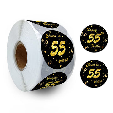 REWIDPARTY Black Gold 55th Birthday Stickers (500 Per Roll, 1.5' Diameter, Waterproof, Adhesive, Round, Custom Style, Paper Material, Perfect