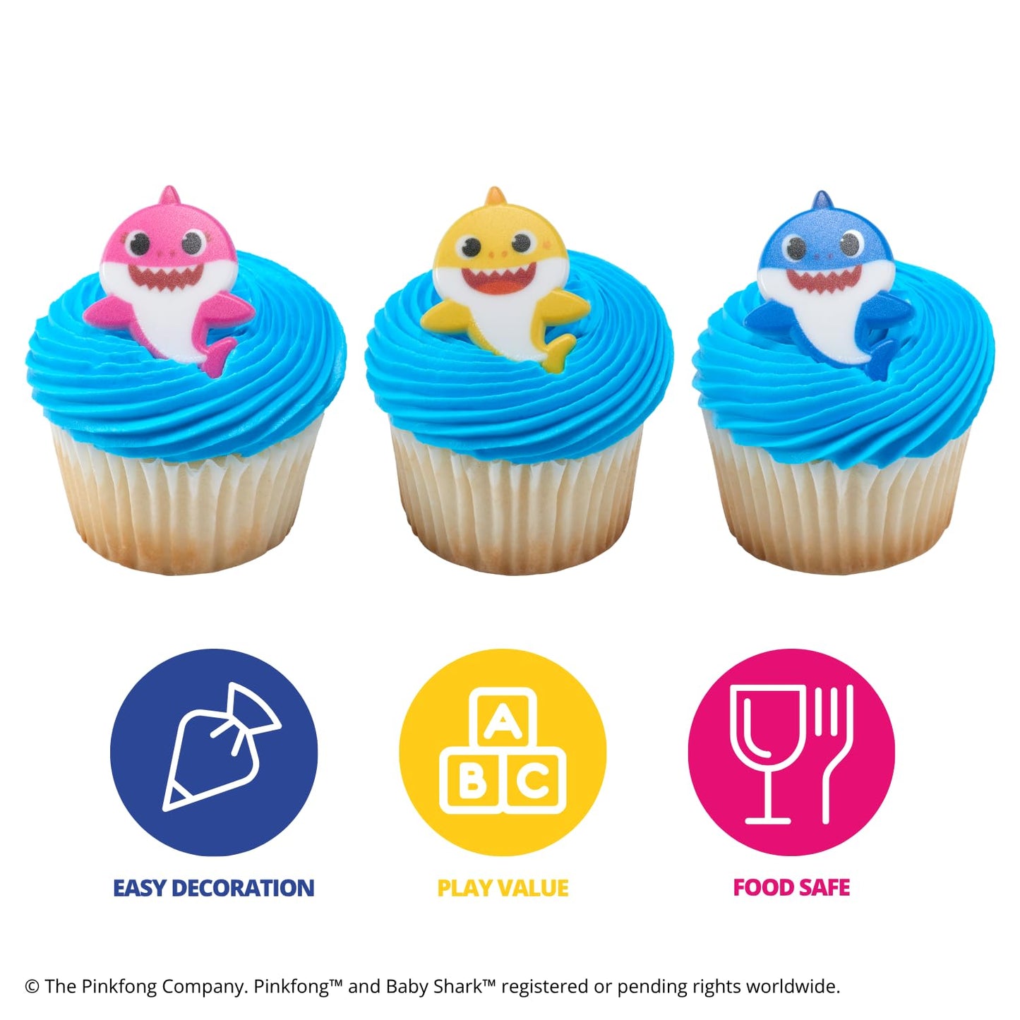 DecoPac Baby Shark Rings, Cupcake Toppers Featuring Baby Shark, Mommy Shark, And Daddy Shark, Blue, Pink, And Yellow 3D Food Safe Cake Decorations