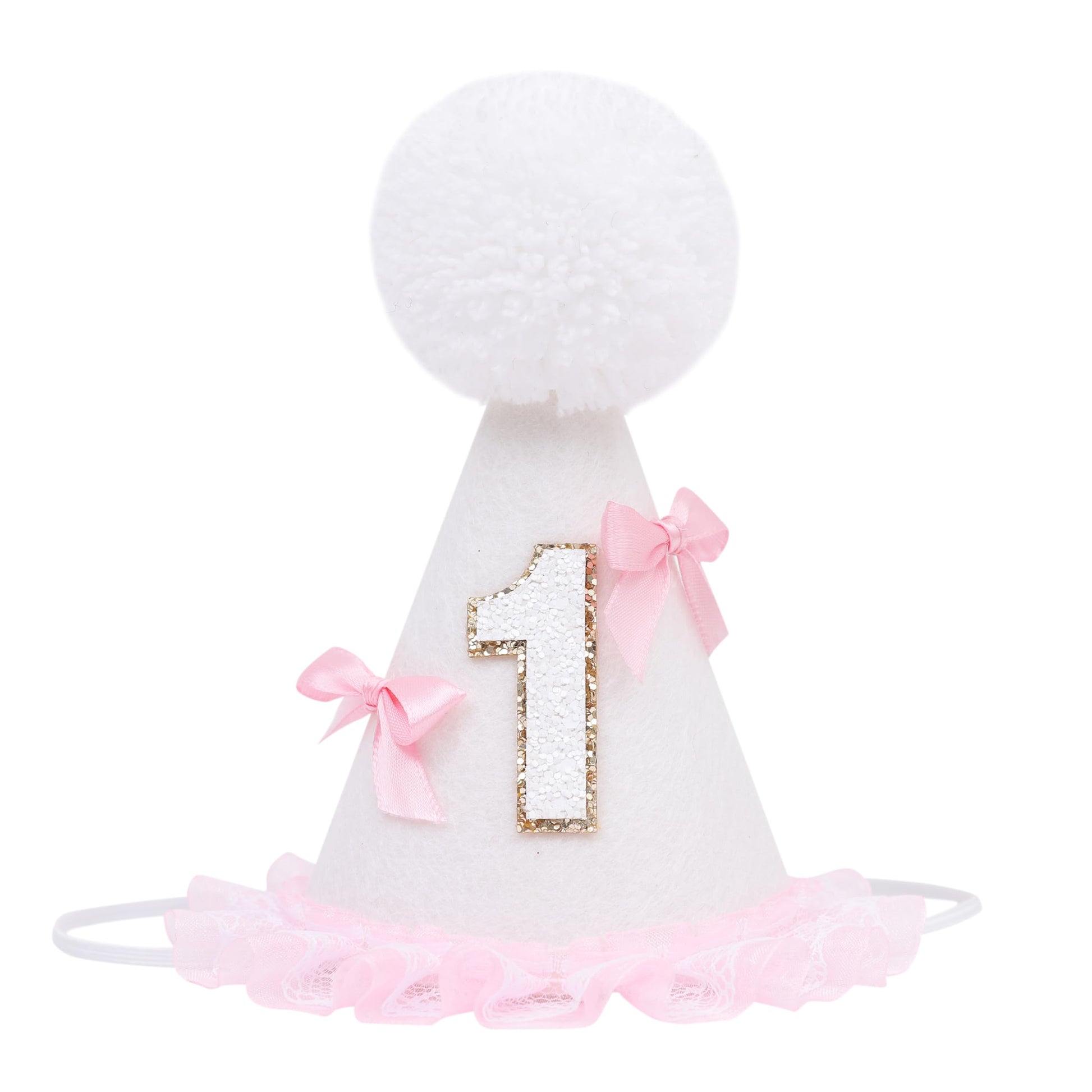 WUTKYAX Pink Bow 1st Birthday Hat - Little Princess First Birthday Decorations,White Cone Hat with Bow,Birthday Cake Smash Party Photo Props,Sweet One