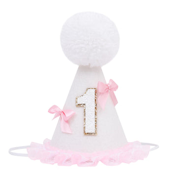 WUTKYAX Pink Bow 1st Birthday Hat - Little Princess First Birthday Decorations,White Cone Hat with Bow,Birthday Cake Smash Party Photo Props,Sweet One