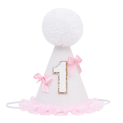 WUTKYAX Pink Bow 1st Birthday Hat - Little Princess First Birthday Decorations,White Cone Hat with Bow,Birthday Cake Smash Party Photo Props,Sweet One