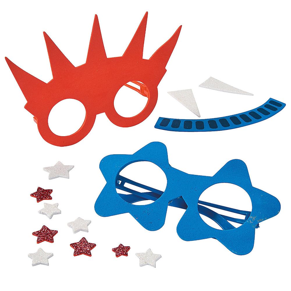 Fun Express Patriotic Foam Glasses Craft Kit - 12 Pack DIY Sunglasses Decorating Kit for Kids | 4th of July Party Favors & USA Party Supplies | Red