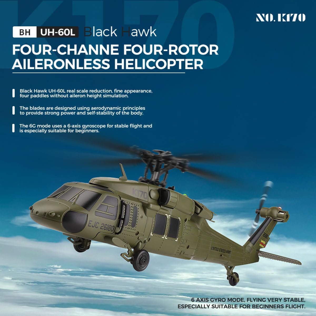 XMBRICDIYY WL K170 RC Helicopter for Adults, UH-60L 170 2.4G 4CH Brushless Motor Flybarless RC Helicopter, Outdoor Hobby RC Toy Model, Throttle