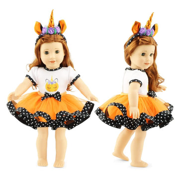 Emily Rose 18" Doll 3PC Orange & Black Unicorn Tutu Costume Set with Headband | Compatible with American Girl & Our Generation Dolls | Gift Boxed |