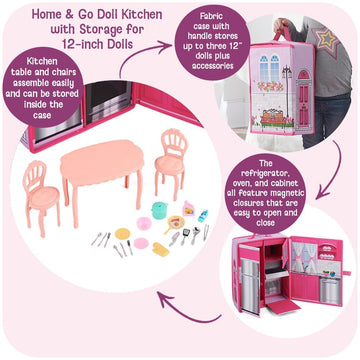 Badger Basket Portable Doll Kitchen Set for 12 Inch Dolls - Includes Oven, Fridge, Table, Chairs & Accessories