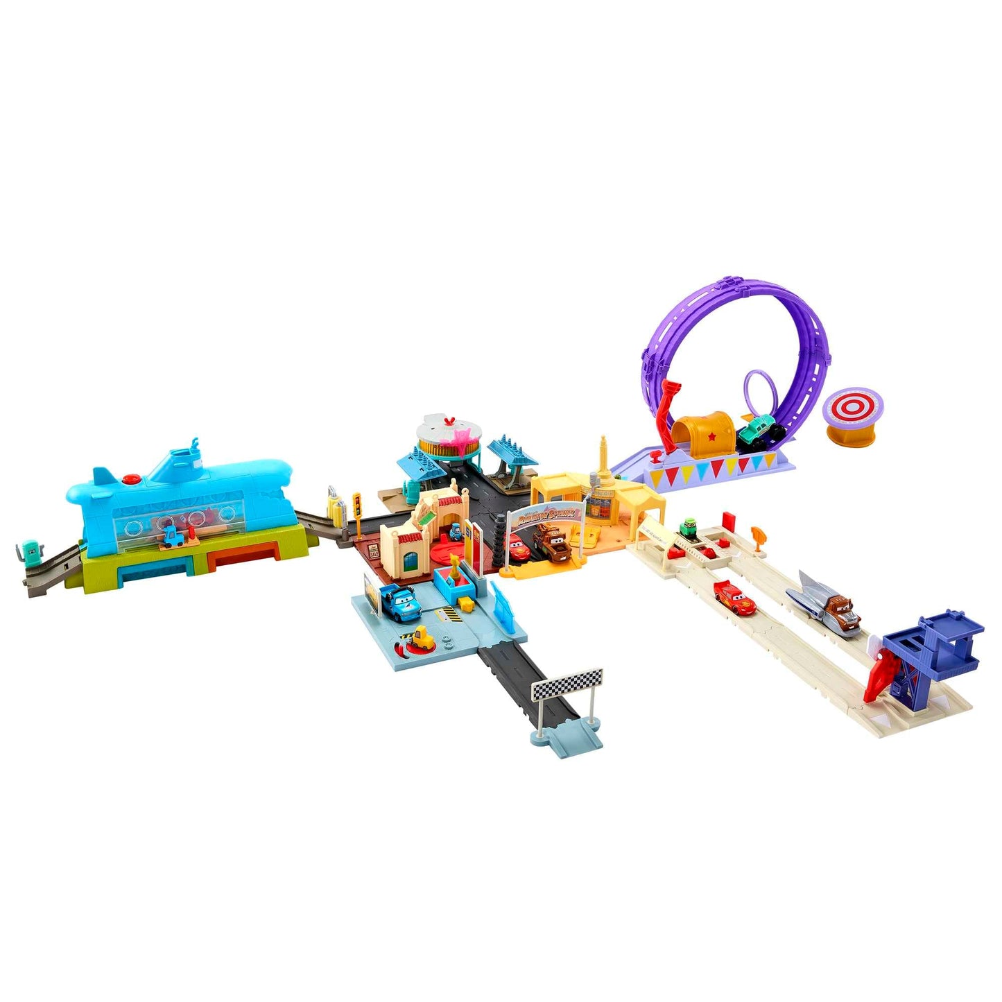 Disney and Pixar Cars On The Road Dinoco Rusteze Racing Center Playset with Lightning McQueen Toy Car, Launcher, Short Track and Spinning Pitty, Toy
