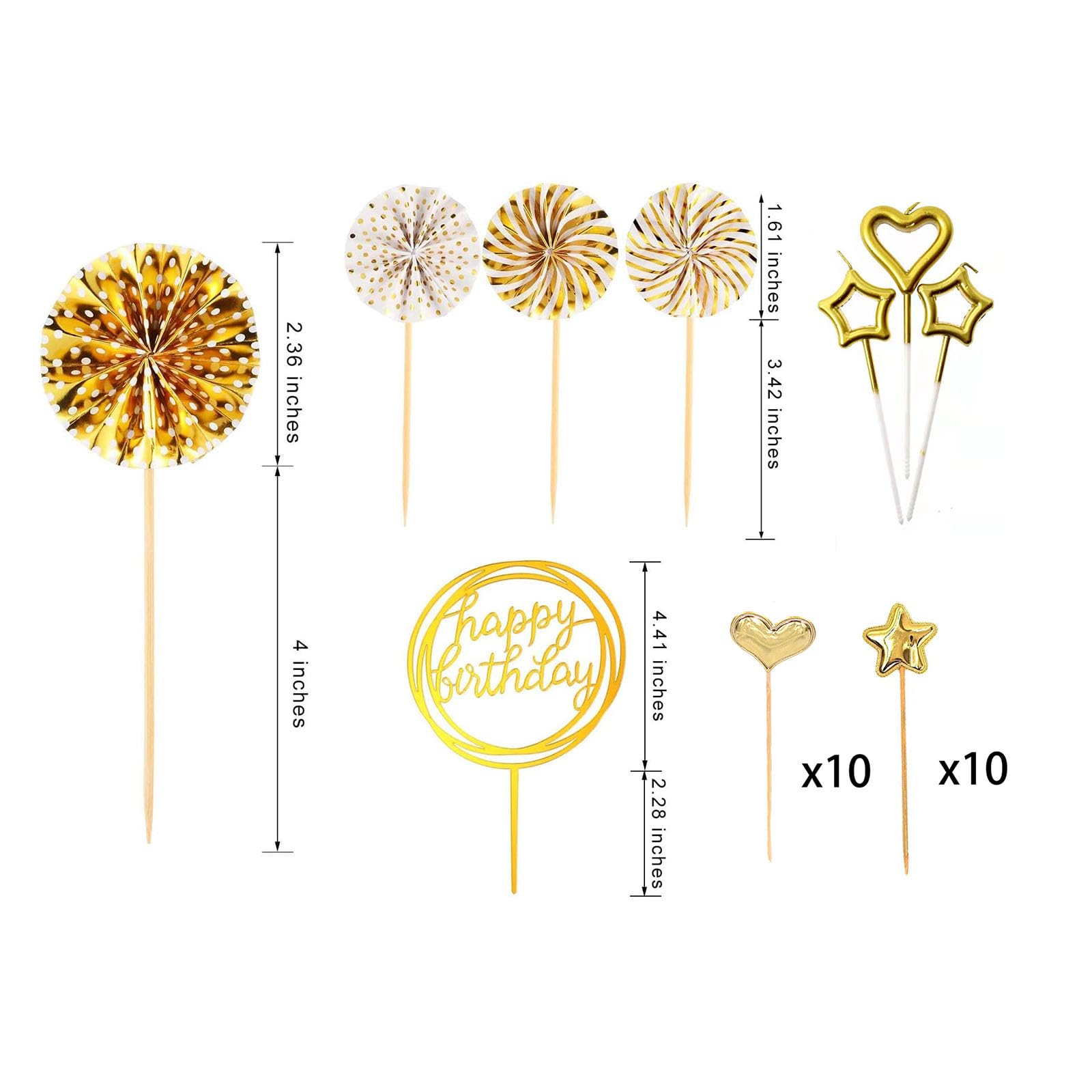 Happy Birthday Cake Toppers, 29pcs Gold Cake Topper Acrylic Cupcake Topper Happy Birthday Paper Fans Confetti Balloon Cake Supplies