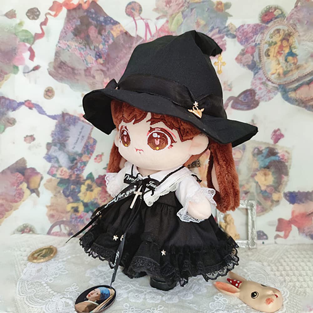 niannyyhouse 7.8in/20cm Plush Doll Clothes Hat + Dress 2-Piece Set Black Magic Hat Mesh Lace Dress