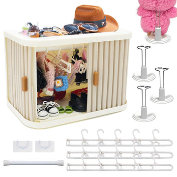 Bofiyma Foldable Doll Wardrobe Storage Compatible with Labubu - Complete Display Kit with 15 Hangers, Rod & 4 Stands - Sliding Door Organizer with Top