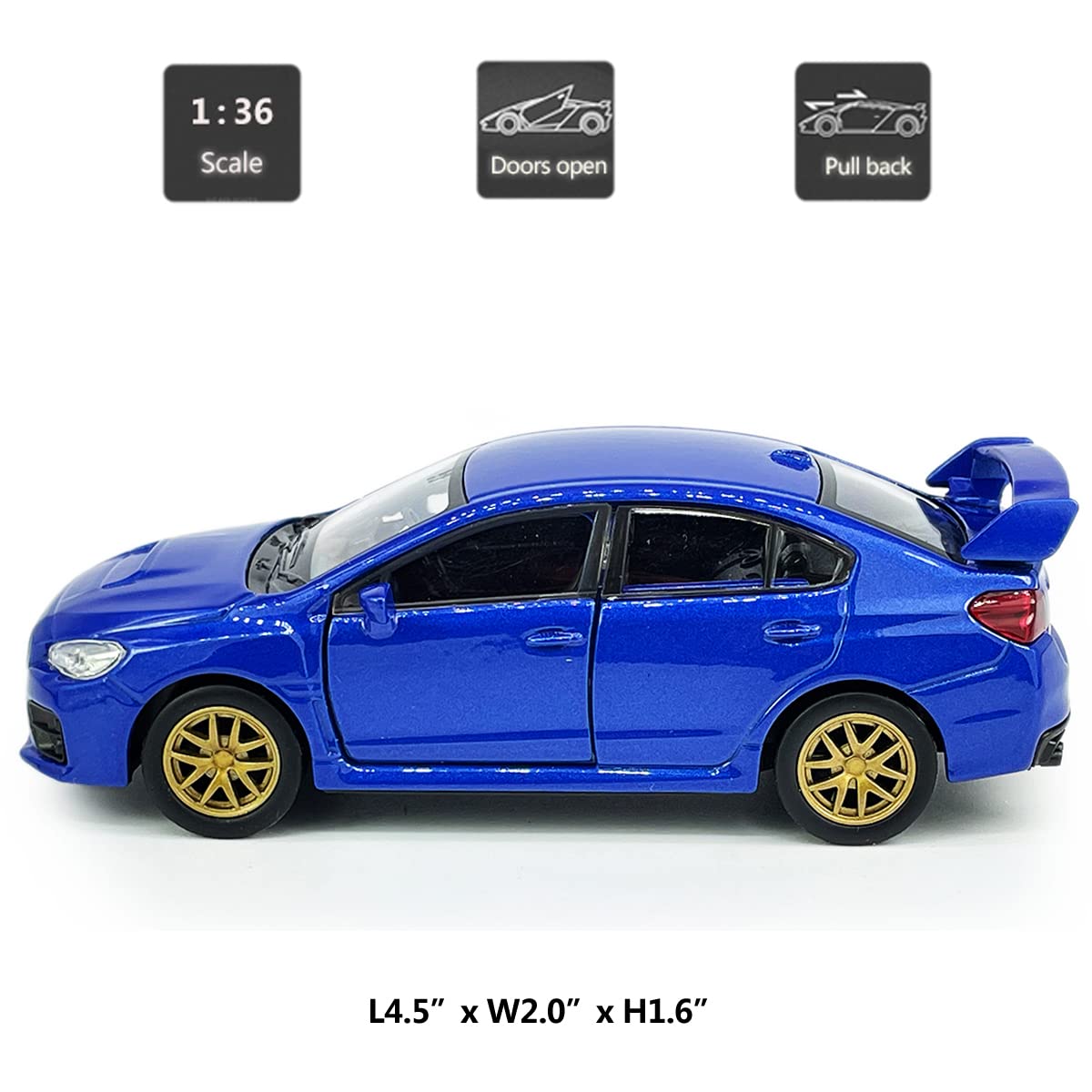 Metanyl Impreza WRX STI Toy Car Racing Sports Diecast Model Car 1/36 Scale Metal Pull Back Vehicle, Doors Open, Zinc Alloy Casting, Boys Toys Kids