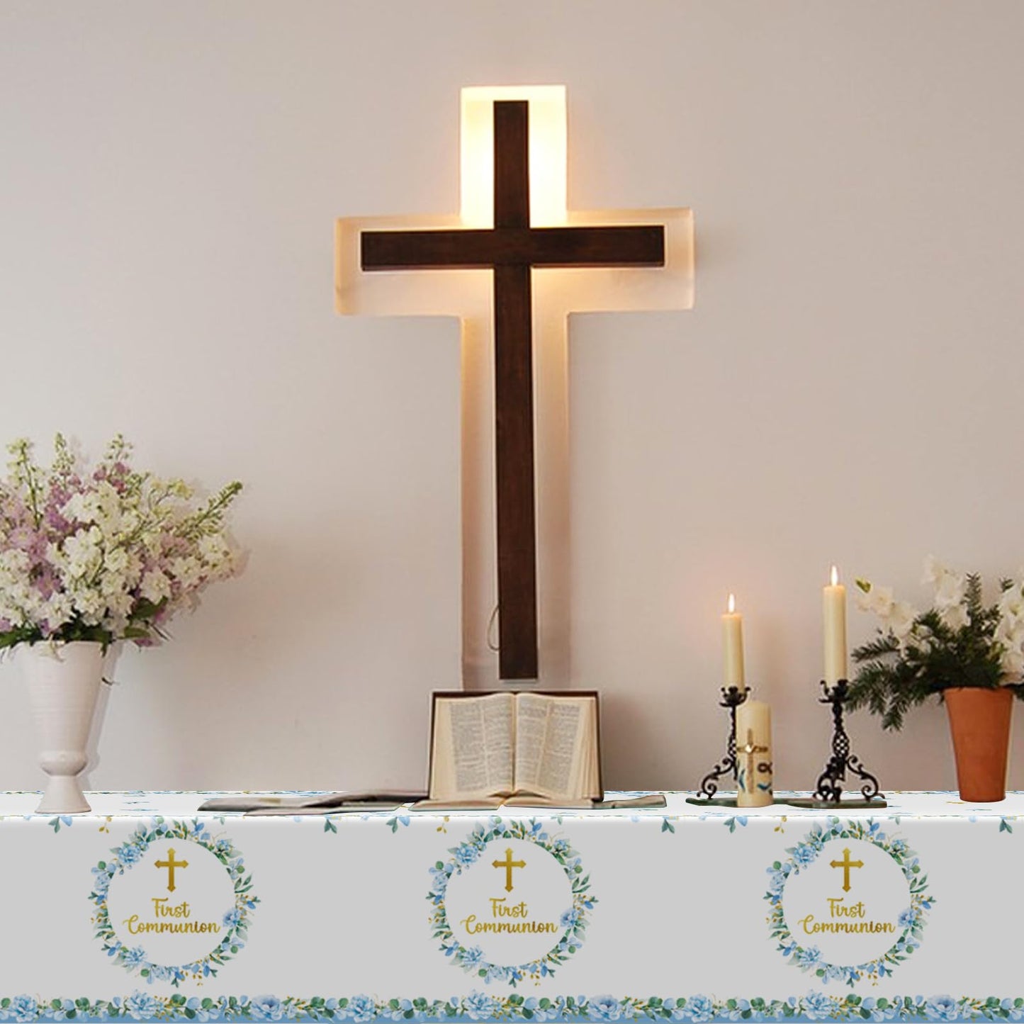 Pedenty 3-Piece 54 x 108 Inch First Communion Plastic Tablecloth - Floral Cross Disposable Rectangle Table Covers for First Communion Party, Church
