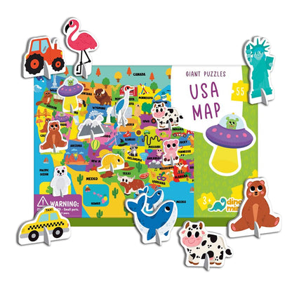 Dinomini Giant USA Map Puzzle for Kids - with Interactive Standing Figures - Floor Puzzles for Kids Ages 3-5 - Preschool Learning Activities