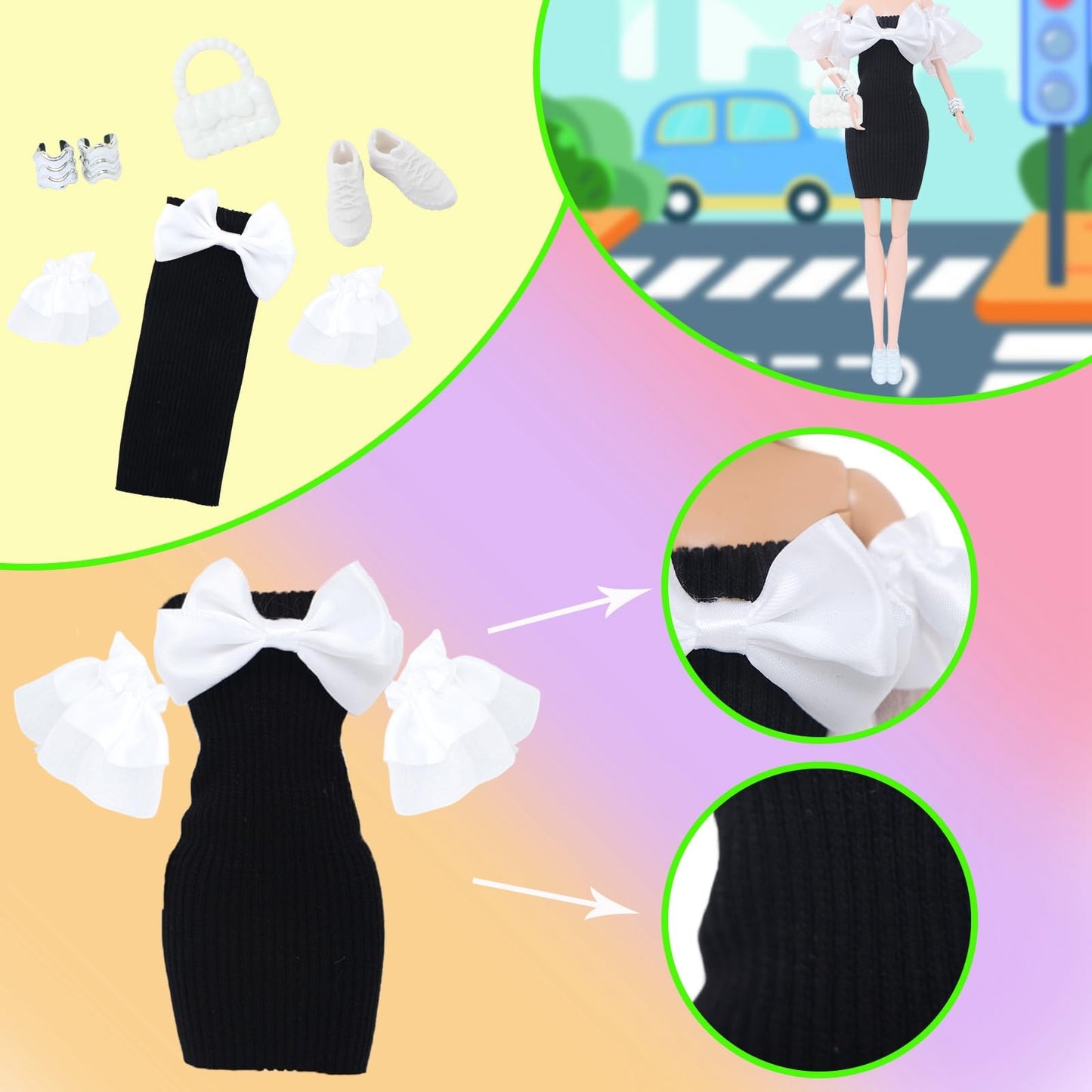 BLIJOLA 4 Sets Doll Clothes for 11.5 inch Girls Dolls, 11Pcs Summer Simple Black Dresses Style Outfits Including Shoes & Bags Clothing Accessories