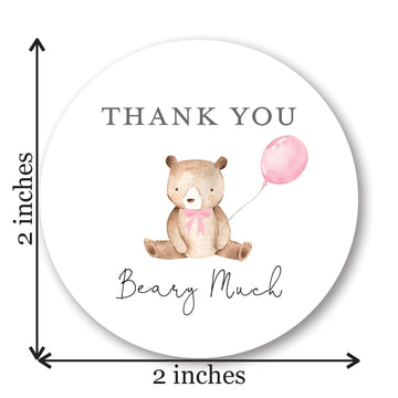 2-Inch Round Cute Bear with Pink Balloon Thank You Beary Much Favor Stickers - Set of 40