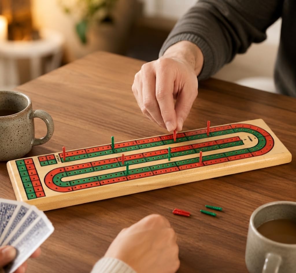 Wooden 2 Track Cribbage Board with 6 Matching Plastic Pegs, Classic Cribbage Game Board with Screen Printed Red and Green Tracks, Backside Peg