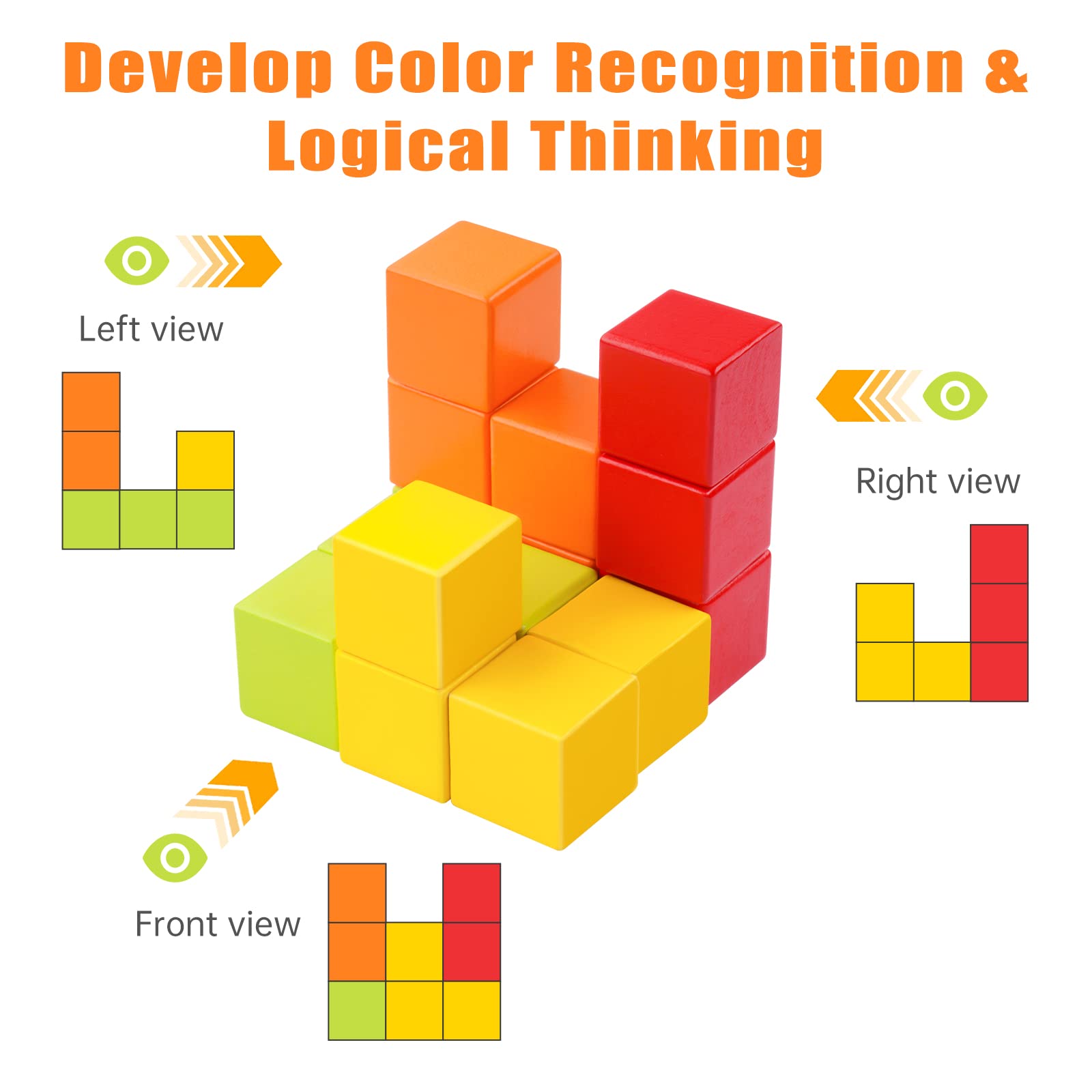 NiToy Wooden Cube Toy 16PCS Building Blocks for Kids 40 Pattern Cards and Storage Pouch, 4 Colors 3D Space Stacking Game STEM Educational Preschool