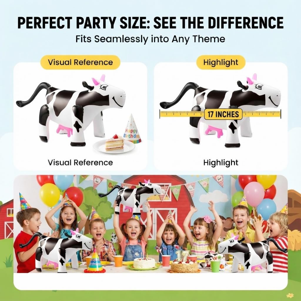 Bedwina Inflatable Cow Toys Set of 3, Cute Cartoon Inflatable Farm Animals Party Decorations, Blow Up Cow Yard Game Props for Kids Birthday