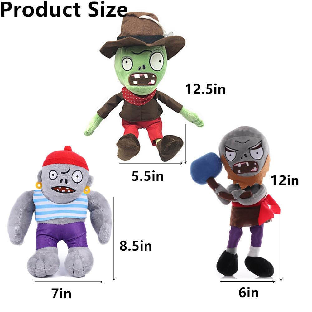 JHESAO 3 PCS Plants and Zombies Plush: Hammer, Cowboy & Gargantuar Pirate Zombies PVZ Plushies Figures