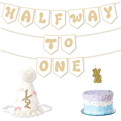 DONQTWAY Half Way To One Banner-Half Birthday Decorations for Boys Girls, White 1/2 Birthday Cone Hat with 1/2 Golden Number Candles for Boys 6 Months