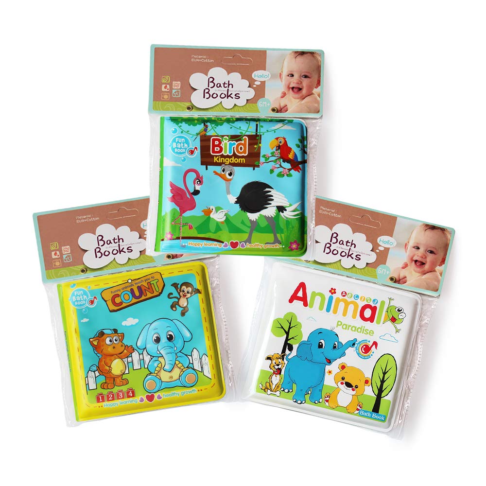 Baby Bath Books-3PCS,Bathtub Toys Floating Waterproof Educational Bath Toy Books for Toddlers-Animal Books,Count Books,Bird Books for Bath time