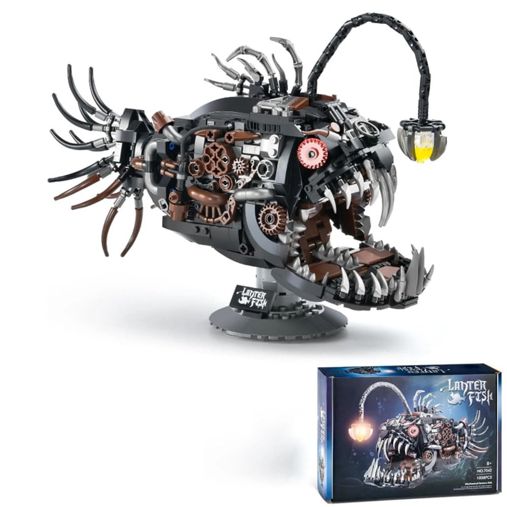 YAOZEBIN Mechanical Angler Fish Building Block Set - STEM Toys for Boys & Girls 8-14+, Deep Sea Ocean Creature Kit, Home/Office Decor with Light