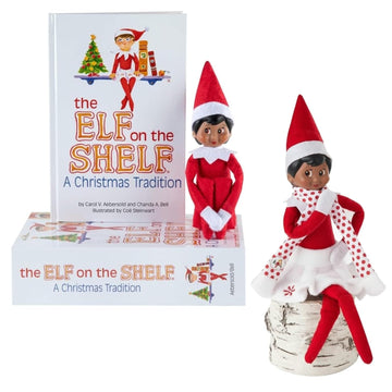 The Elf on the Shelf Box Set with Elf (Dark Tone Girl), Storybook and Claus Couture Collection Candy Cane Classic Dress Accessory [Multi-Item Bundle]