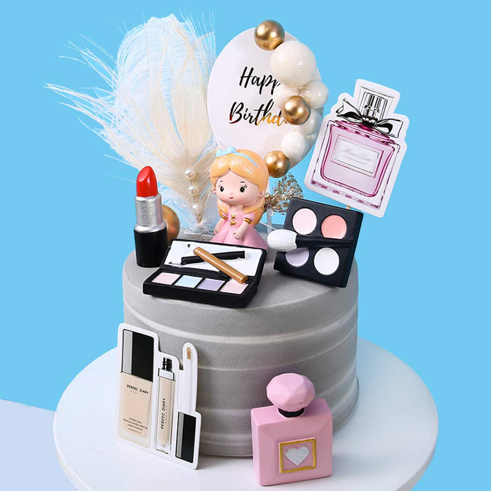 MEMOVAN Makeup Cake Topper 4 Pack, Resin Cosmetics Lipstick Perfume Bottle Eye Shadow Blush Make up Cake Decorations for Bridal Shower Bachelorette