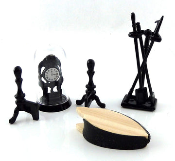 Melody Jane Dolls House Victorian Fireplace Companion Set & Clock Black Miniature Accessory