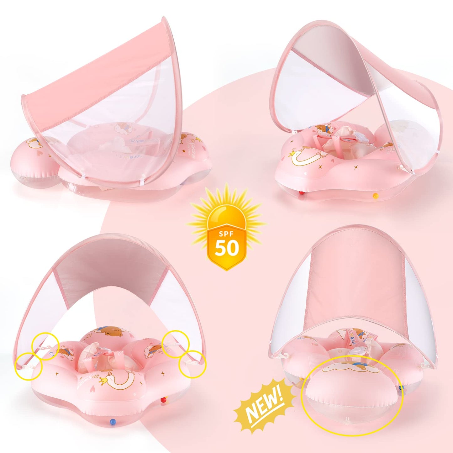 WYRIAZA Baby Pool Float with Canopy Baby Swimming Spring Float Infant Newborn Toddler Inflatable Float with UPF50+ Sun Protection Canopy Swim Water