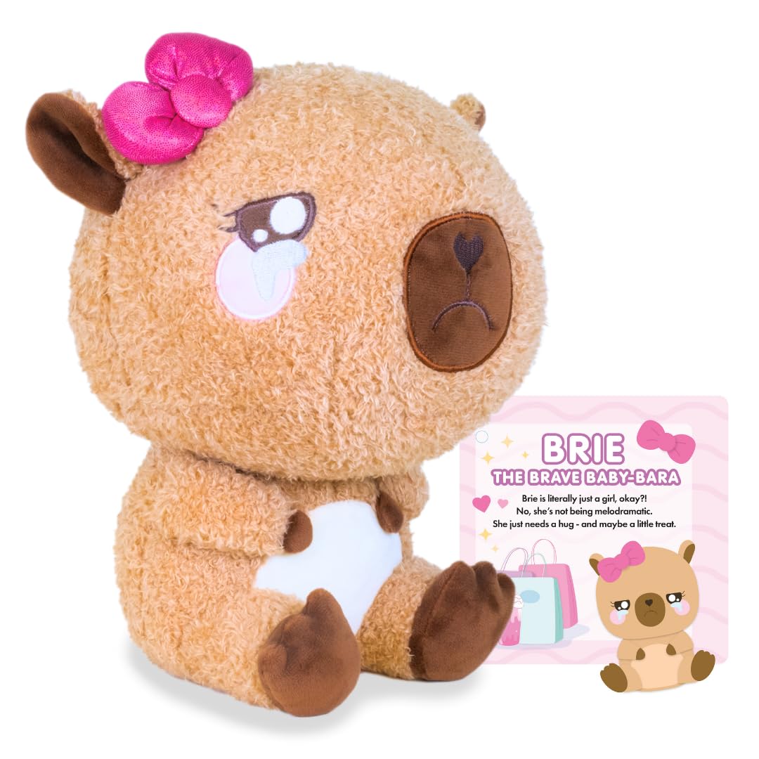 Plush Capybara Girl with Hairbow - Brie the Brave Baby-bara by PlushGoals | Crying Baby Stuffed Animal With Tears | Kawaii Style Super Soft Emotional