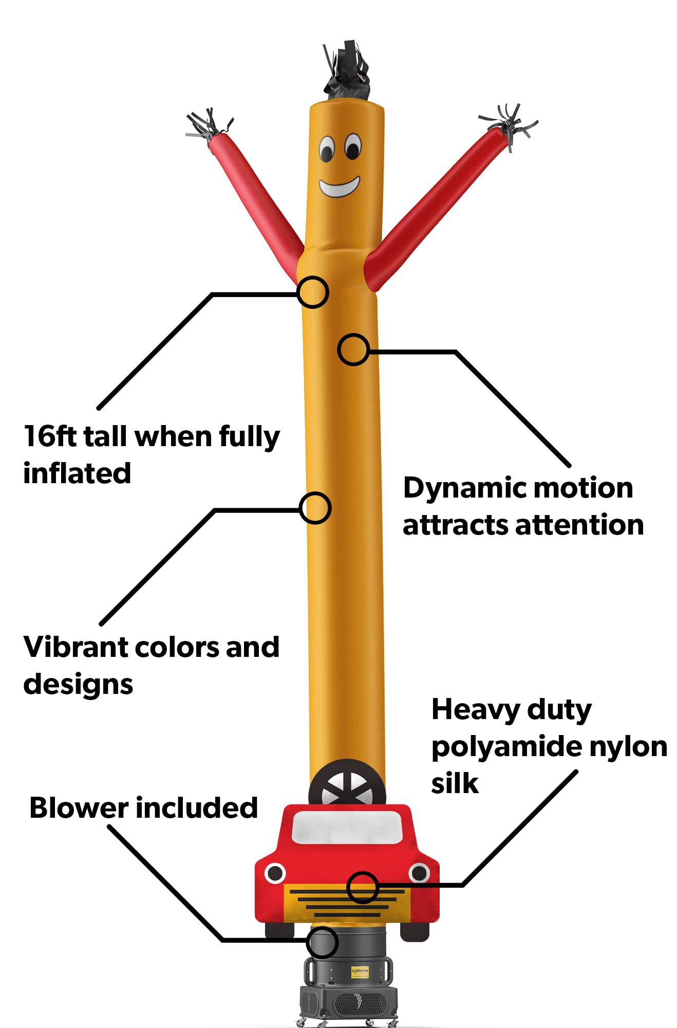 LookOurWay Air Dancers Wacky Waving Inflatable Tube Guy Set - 20ft Tall Inflatable Puppet Dancer Tube Man with Blower - Yellow, Cartoon, Grand